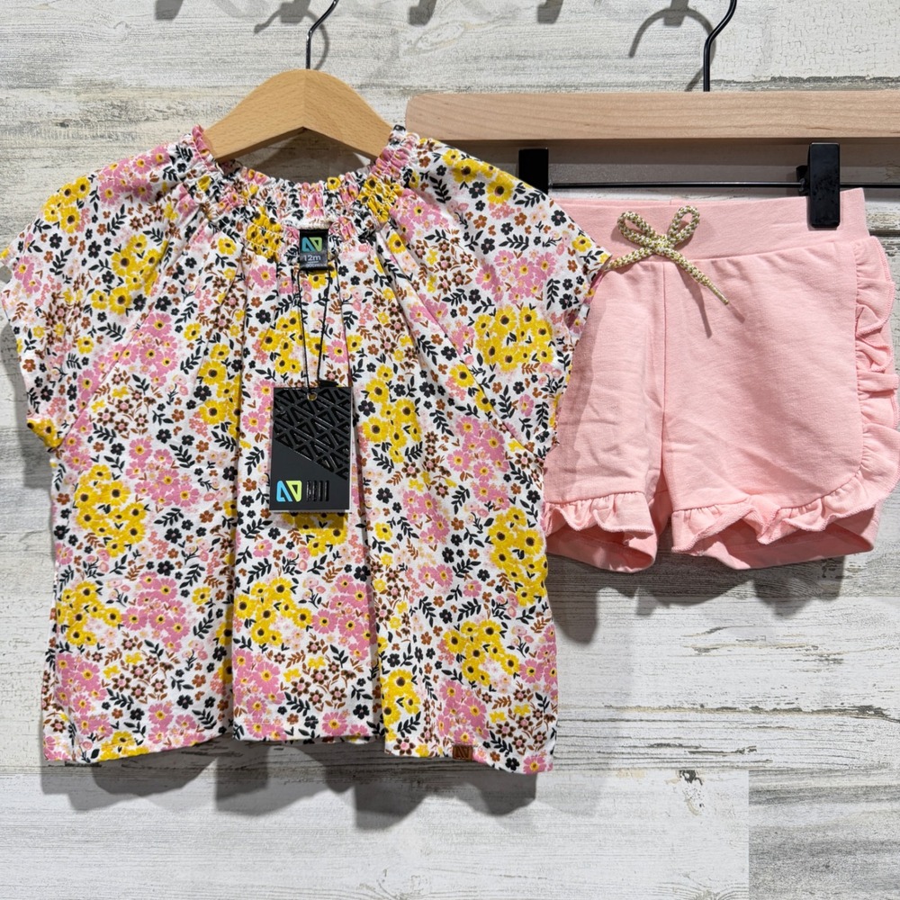 Nanö 2-Piece Short Set Girls 12M Pink Floral Ruffle Cottagecore NWT